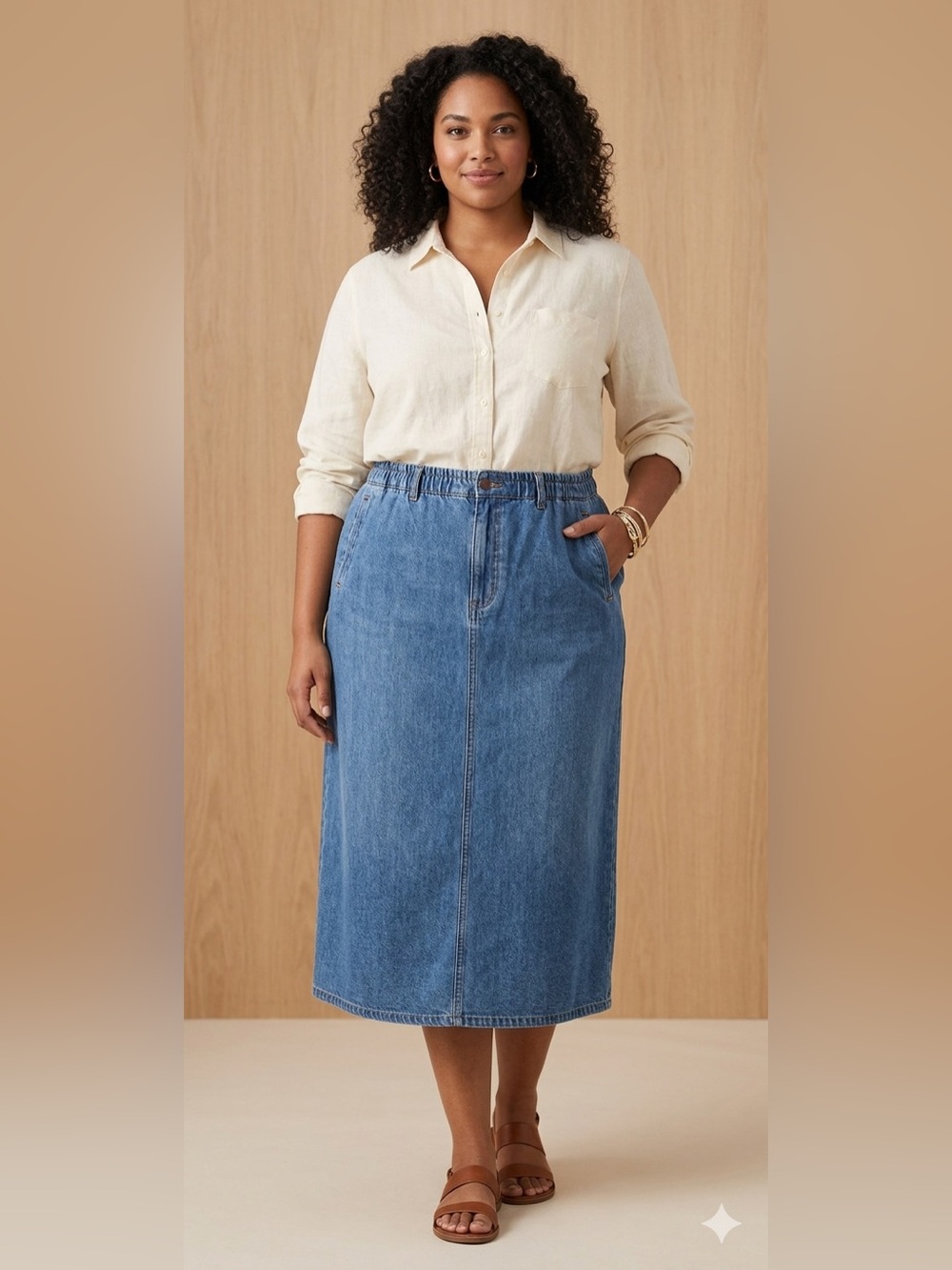 Ruff Hewn Skirt Blue Denim Midi Black Slit Front Pockets Belt Loops Size 18W